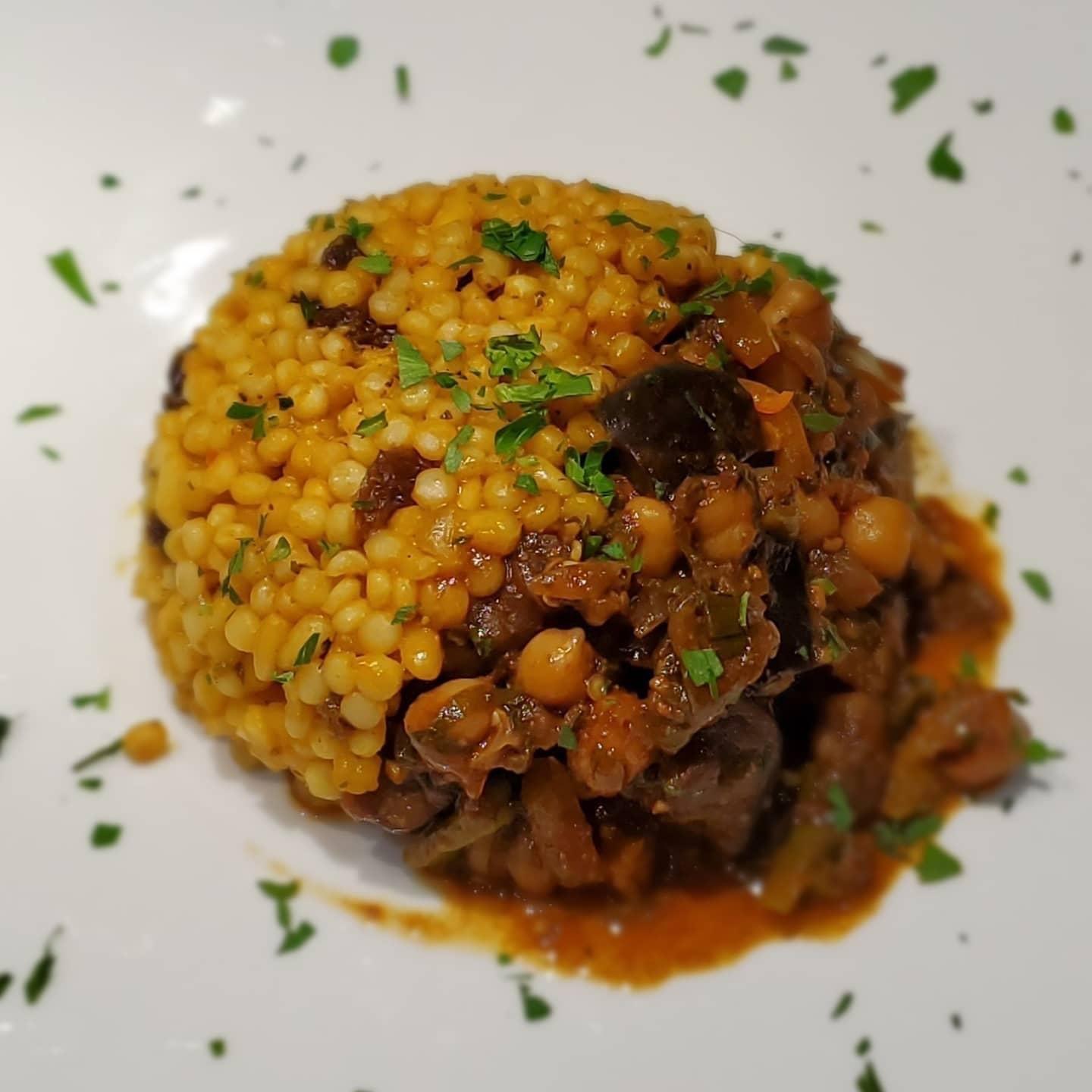 Brown Stew Eggplant And Chickpeas With Mediterranean Israeli Couscous